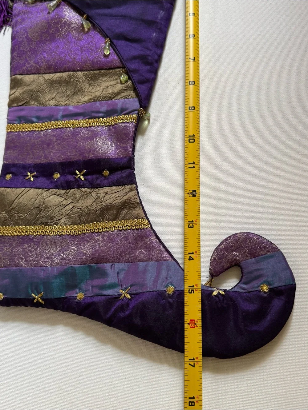 Pier 1 Purple Jester Elf Christmas Stocking Beaded Tassel Jeweled Holiday Decor